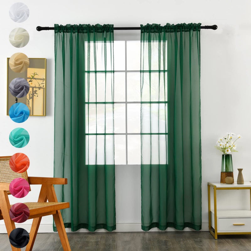youleyar Solid Sheer Rod Pocket Curtain Voile Draperies 2 Panels White Beige Black Grey Coffee 52 Inch Width 63 Inch Long 1 Pair for Kitchen Bedroom Children Living Room Yard (Foliage Green,52Wx63L) - Image 1